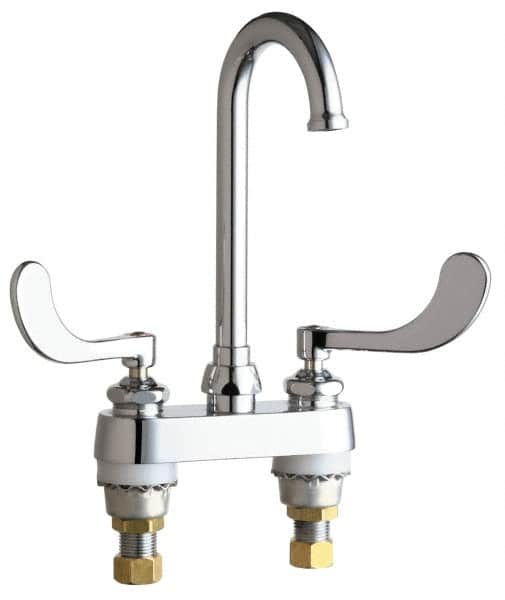 Chicago Faucets - Wrist Blade Handle, Deck Mounted Bathroom Faucet - Two Handle, No Drain, Gooseneck Spout - Benchmark Tooling