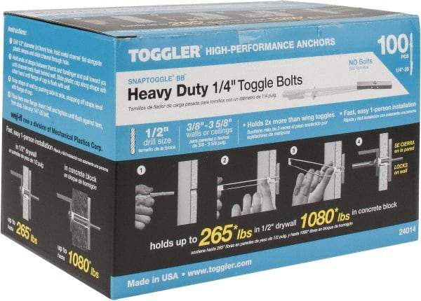 Toggler - 1/4" Screw, 6-1/4" Long, 3/8 to 3-5/8" Thick, Toggle Bolt Drywall & Hollow Wall Anchor - 1/4 - 20" Thread, 1/2" Drill, Zinc Plated, Steel, Grade 1010, Use in Drywall - Benchmark Tooling