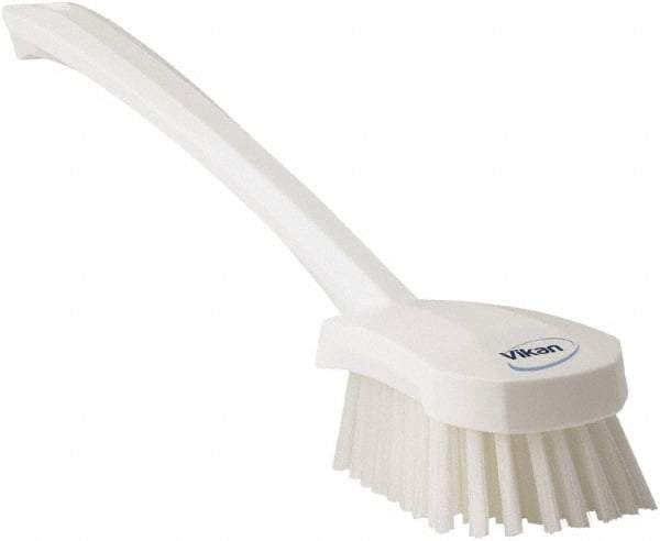 Vikan - 1.3" Bristle Length, Polyester Scrub Brush - 4" Long x 2-3/4" Wide Head, 15-3/4" OAL, White, Polypropylene Block - Benchmark Tooling