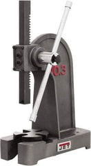 Jet - 1/2" Ram, 7-7/8" Throat Depth, 2 Ton Manual Arbor Press - 7-7/8" Max Work Height x 11-3/8" Max Work Width, Single Leverage, 6-3/8" Base Width x 17" Base Depth - Benchmark Tooling