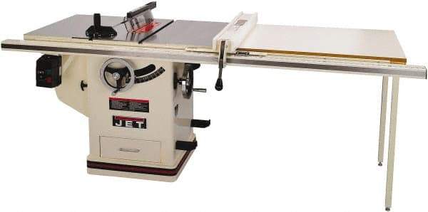 Jet - 10" Blade Diam, 5/8" Arbor Diam, 1 Phase Table Saw - 5 hp, 65" Wide x 36" Deep x 38" High, 230 Volt, 3" Cutting Depth - Benchmark Tooling