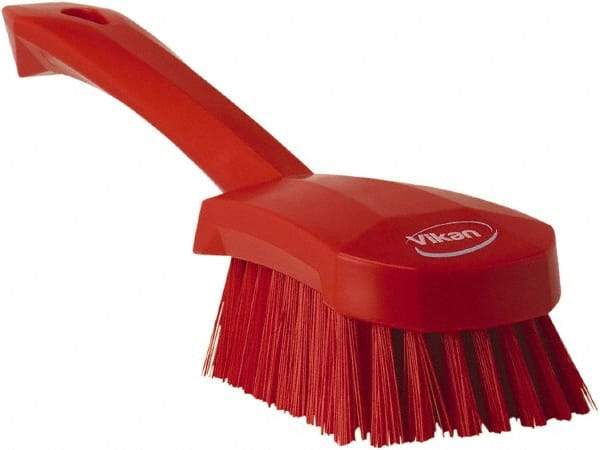 Vikan - 1.3" Bristle Length, Polyester Scrub Brush - 4-1/4" Long x 2-3/4" Wide Head, 10" OAL, Red, Polypropylene Block - Benchmark Tooling