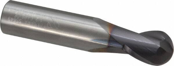 Niagara Cutter - 1/2" Diam, 5/8" LOC, 2 Flute Solid Carbide Ball End Mill - TiAlN Finish, Single End, 2-1/2" OAL, 1/2" Shank Diam, Spiral Flute - Benchmark Tooling