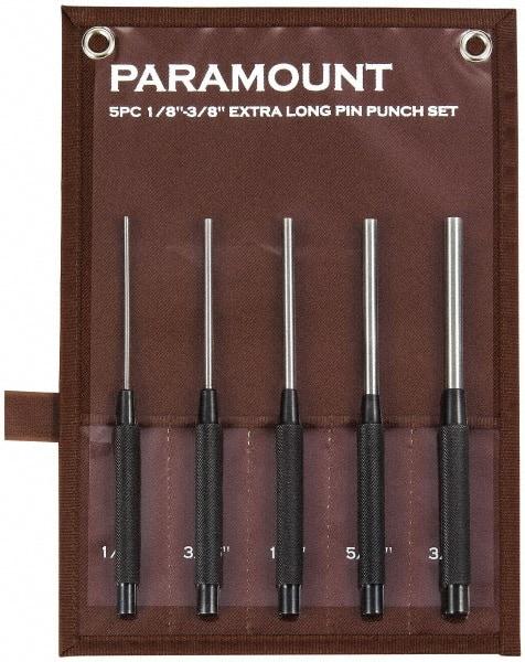 Paramount - 5 Piece, 1/8 to 3/8", Pin Punch Set - Round Shank, Steel, Comes in Canvas Roll - Benchmark Tooling