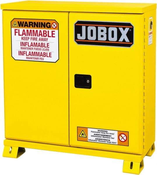 Jobox - 2 Door, 1 Shelf, Yellow Steel Standard Safety Cabinet for Flammable and Combustible Liquids - 49" High x 46-3/32" Wide x 19-5/8" Deep, Manual Closing Door, 30 Gal Capacity - Benchmark Tooling