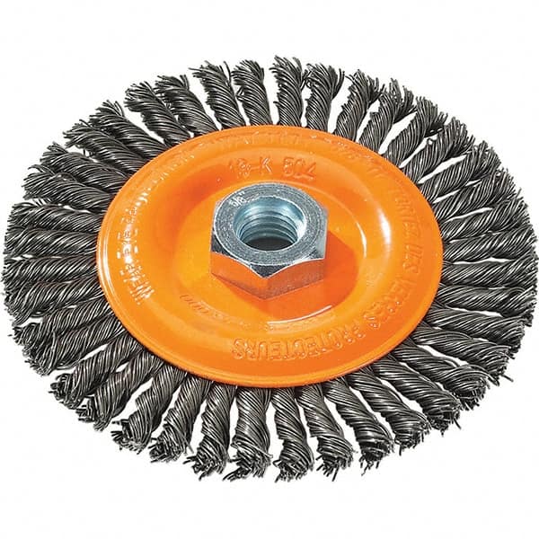 WALTER Surface Technologies - 5" OD, 5/8-11 Arbor Hole, Stringer Bead Steel Wheel Brush - 1/4" Face Width, 0.02" Filament Diam, 15,000 RPM - Benchmark Tooling