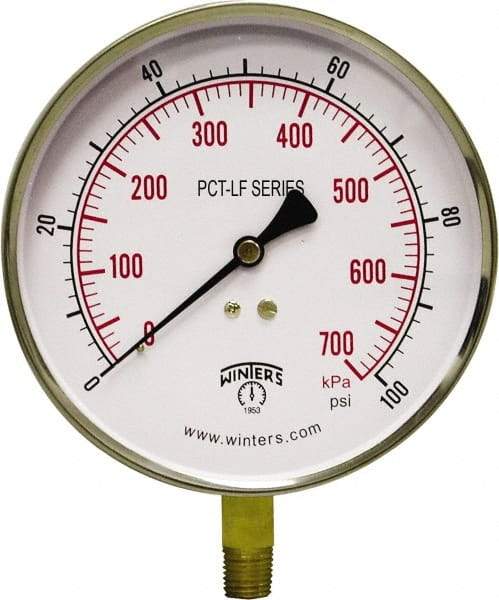 Winters - 4-1/2" Dial, 1/4 Thread, 0-100 Scale Range, Pressure Gauge - Lower Connection Mount, Accurate to 0.01% of Scale - Benchmark Tooling