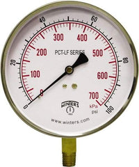 Winters - 4-1/2" Dial, 1/4 Thread, 0-100 Scale Range, Pressure Gauge - Lower Connection Mount, Accurate to 0.01% of Scale - Benchmark Tooling