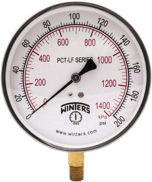 Winters - 4-1/2" Dial, 1/4 Thread, 0-200 Scale Range, Pressure Gauge - Lower Connection Mount, Accurate to 0.01% of Scale - Benchmark Tooling