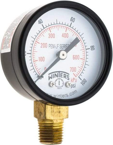Winters - 2" Dial, 1/4 Thread, 0-100 Scale Range, Pressure Gauge - Lower Connection Mount, Accurate to 3-2-3% of Scale - Benchmark Tooling
