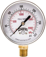 Winters - 2-1/2" Dial, 1/4 Thread, 0-300 Scale Range, Pressure Gauge - Lower Connection Mount, Accurate to 3-2-3% of Scale - Benchmark Tooling