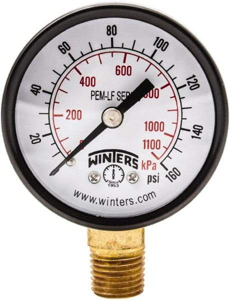 Winters - 2" Dial, 1/4 Thread, 0-160 Scale Range, Pressure Gauge - Lower Connection Mount, Accurate to 3-2-3% of Scale - Benchmark Tooling