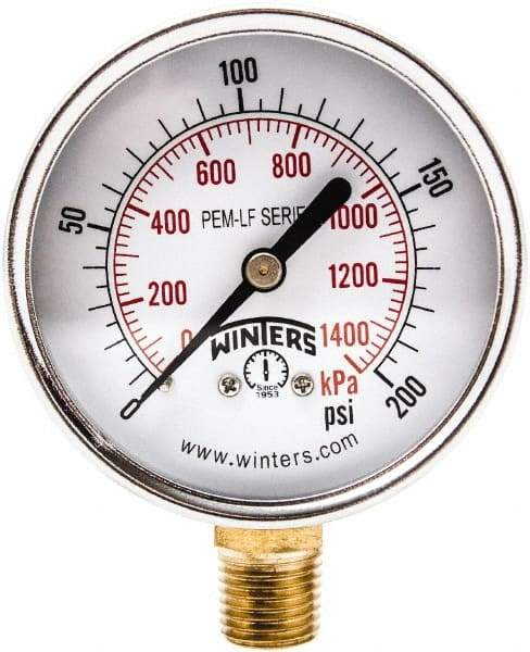 Winters - 2-1/2" Dial, 1/4 Thread, 0-200 Scale Range, Pressure Gauge - Lower Connection Mount, Accurate to 3-2-3% of Scale - Benchmark Tooling