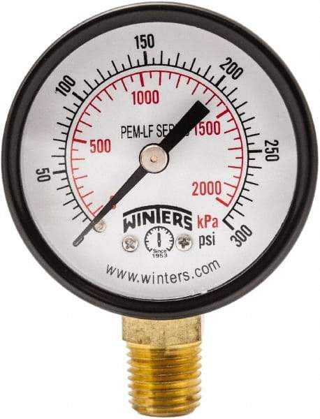 Winters - 2" Dial, 1/4 Thread, 0-300 Scale Range, Pressure Gauge - Lower Connection Mount, Accurate to 3-2-3% of Scale - Benchmark Tooling