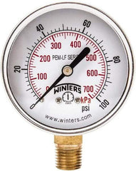 Winters - 2-1/2" Dial, 1/4 Thread, 0-100 Scale Range, Pressure Gauge - Lower Connection Mount, Accurate to 3-2-3% of Scale - Benchmark Tooling