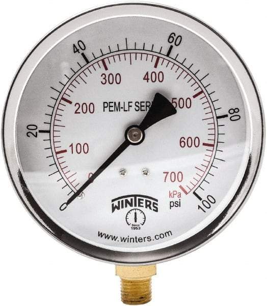 Winters - 4" Dial, 1/4 Thread, 0-100 Scale Range, Pressure Gauge - Lower Connection Mount, Accurate to 3-2-3% of Scale - Benchmark Tooling