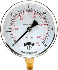 Winters - 4" Dial, 1/4 Thread, 0-30 Scale Range, Pressure Gauge - Lower Connection Mount, Accurate to 3-2-3% of Scale - Benchmark Tooling