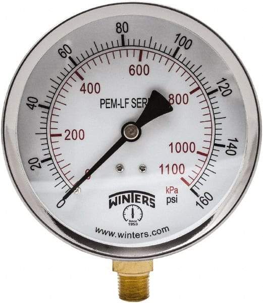 Winters - 4" Dial, 1/4 Thread, 0-160 Scale Range, Pressure Gauge - Lower Connection Mount, Accurate to 3-2-3% of Scale - Benchmark Tooling