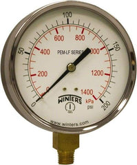 Winters - 4" Dial, 1/4 Thread, 0-200 Scale Range, Pressure Gauge - Lower Connection Mount, Accurate to 3-2-3% of Scale - Benchmark Tooling