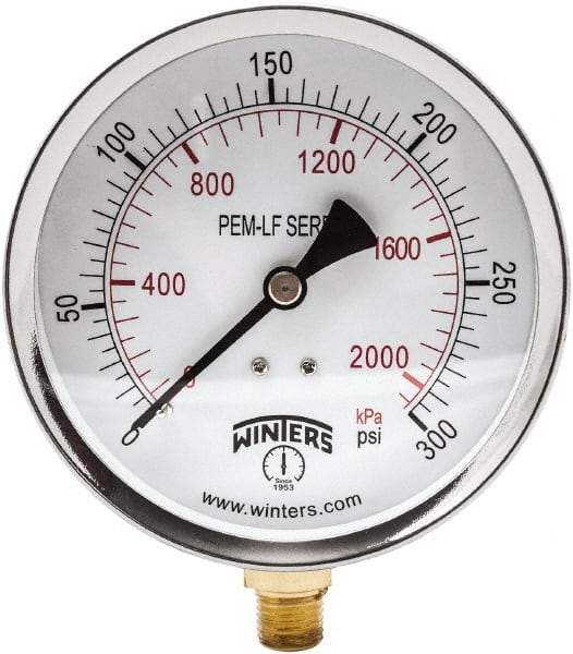 Winters - 4" Dial, 1/4 Thread, 0-300 Scale Range, Pressure Gauge - Lower Connection Mount, Accurate to 3-2-3% of Scale - Benchmark Tooling