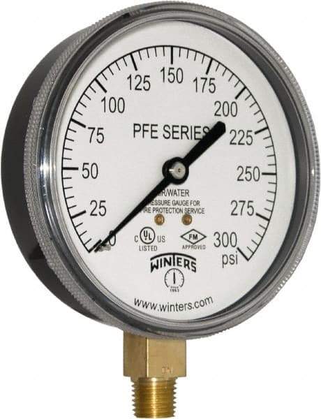 Winters - 3-1/2" Dial, 1/4 Thread, 0-300 Scale Range, Pressure Gauge - Lower Connection Mount, Accurate to 3-2-3% of Scale - Benchmark Tooling