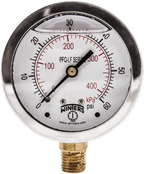 Winters - 2-1/2" Dial, 1/4 Thread, 0-60 Scale Range, Pressure Gauge - Lower Connection Mount, Accurate to 1.5% of Scale - Benchmark Tooling