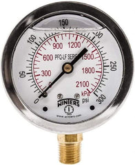 Winters - 2-1/2" Dial, 1/4 Thread, 0-300 Scale Range, Pressure Gauge - Lower Connection Mount, Accurate to 1.5% of Scale - Benchmark Tooling