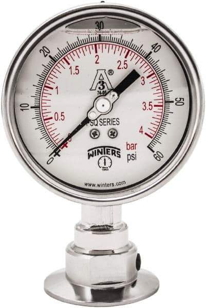 Winters - 4" Dial, 2 Thread, 0-60 Scale Range, Pressure Gauge - Lower Connection Mount, Accurate to 0.01% of Scale - Benchmark Tooling