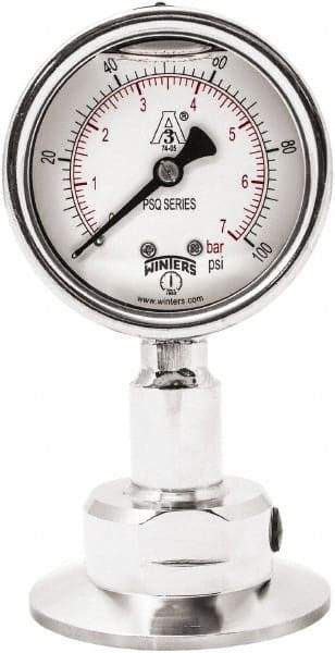 Winters - 2-1/2" Dial, 2 Thread, 0-100 Scale Range, Pressure Gauge - Lower Connection Mount, Accurate to 1.5% of Scale - Benchmark Tooling