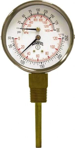 Winters - 3" Dial, 1/2 Thread, 0-200 Scale Range, Pressure Gauge - Lower Connection Mount, Accurate to 0.03% of Scale - Benchmark Tooling