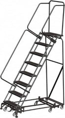 Ballymore - 113" 8 Step Rolling Warehouse Ladder - Lock Step Rolling Safety Ladder, 450 Lb Capacity, 80" Platform Height, 32" Base Width x 61" Base Depth, Perforated Tread - Benchmark Tooling