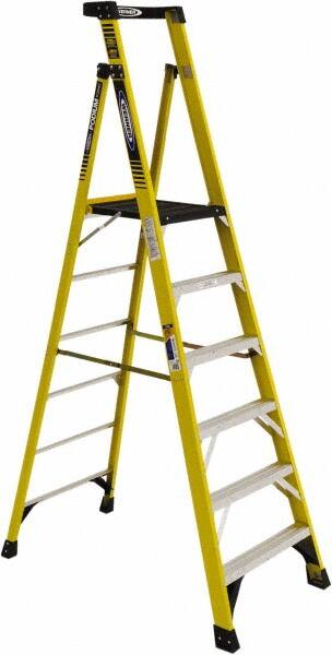 Werner - 6 Steps, 6' High, Type IAA Rating, Fiberglass Step Ladder - 375 Lb Load Capacity, 31-1/4" Base Width - Benchmark Tooling