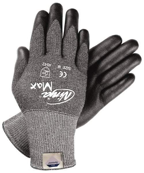MCR Safety - Size S (7), ANSI Cut Lvl 3, Nitrile Coated Dyneema Cut Resistant Gloves - 9" Long, Palm & Fingertips Coated, Knit Wrist, Gray/Black, Paired - Benchmark Tooling