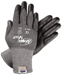 MCR Safety - Size S (7), ANSI Cut Lvl 3, Nitrile Coated Dyneema Cut Resistant Gloves - 9" Long, Palm & Fingertips Coated, Knit Wrist, Gray/Black, Paired - Benchmark Tooling
