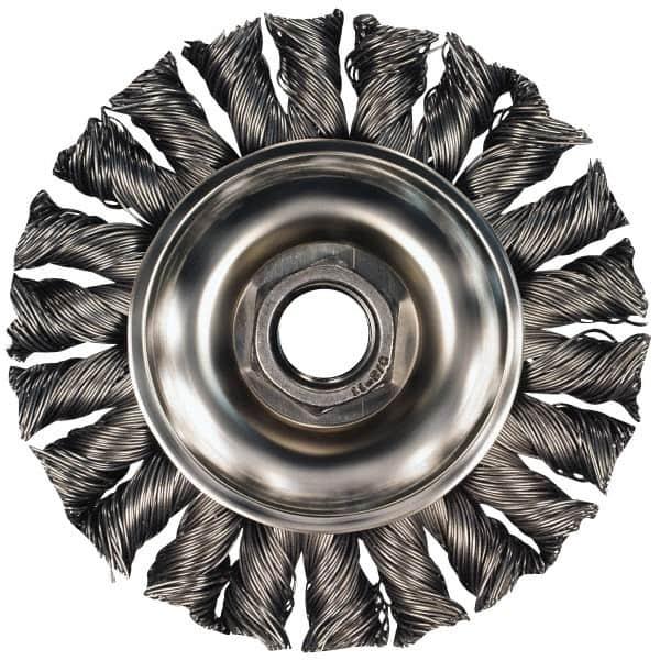 PFERD - 4" OD, 5/8-11 Arbor Hole, Knotted Stainless Steel Wheel Brush - 5/8" Face Width, 7/8" Trim Length, 0.014" Filament Diam, 20,000 RPM - Benchmark Tooling