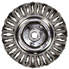 PFERD - 4" OD, 5/8-11 Arbor Hole, Knotted Stainless Steel Wheel Brush - 3/8" Face Width, 3/4" Trim Length, 0.02" Filament Diam, 15,000 RPM - Benchmark Tooling