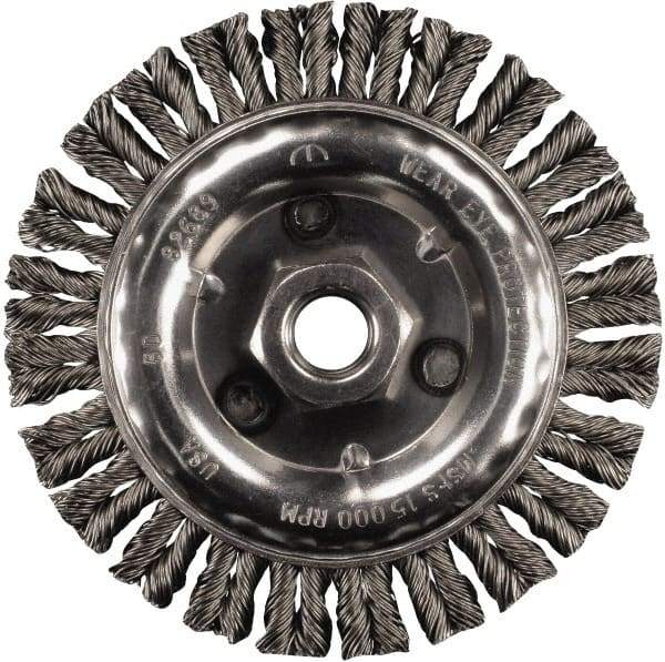 PFERD - 6" OD, 5/8-11 Arbor Hole, Knotted Stainless Steel Wheel Brush - 3/16" Face Width, 1-1/2" Trim Length, 0.02" Filament Diam, 12,500 RPM - Benchmark Tooling