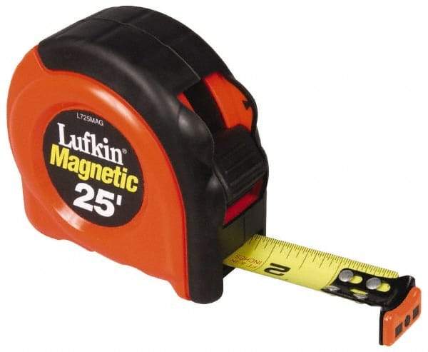 Lufkin - 25' x 1" Yellow Blade Tape Measure - 1/16" Graduation, A5 Graduation Style, Orange/Black Case - Benchmark Tooling