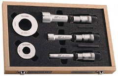 Fowler - 8 Piece, 3/8 to 3/4", Carbide, Hole Mechanical Inside Micrometer Set - 0.005mm Graduation, Ratchet Stop Thimble, Includes (2) Setting Rings, (3) Handles & (3) Heads - Benchmark Tooling