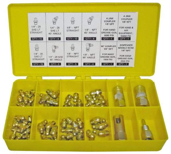 PRO-LUBE - 60 Piece, Inch, Box Plastic Steel Grease Fitting Set - Includes PTF, UNF Thread Types, Includes 1/4-28 SAE-LT: (25) Straight, (4) 45°, (4) 90°, 1/8-27 PTF: (15) Straight, (4) 45°, (4) 90° - Benchmark Tooling