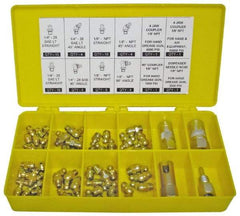 PRO-LUBE - 60 Piece, Inch, Box Plastic Steel Grease Fitting Set - Includes PTF, UNF Thread Types, Includes 1/4-28 SAE-LT: (25) Straight, (4) 45°, (4) 90°, 1/8-27 PTF: (15) Straight, (4) 45°, (4) 90° - Benchmark Tooling