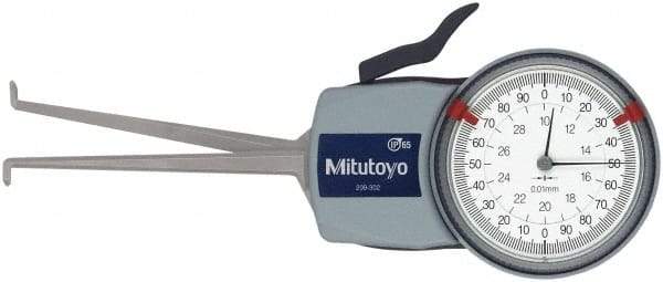 Mitutoyo - 10 to 30mm Inside Dial Caliper Gage - 0.01mm Graduation, 0.03mm Accuracy, 85mm Leg Length, 5.2mm Deep x 1.2mm Wide Groove, Ball Contact Points - Benchmark Tooling