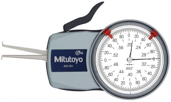 Mitutoyo - 0.2 to 0.6" Inside Dial Caliper Gage - 0.0002" Graduation, 0.0008" Accuracy, 1.37" Leg Length, 0.09" Deep x 0.032" Wide Groove, Ball Contact Points - Benchmark Tooling