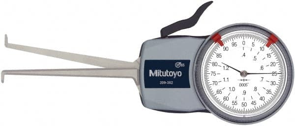 Mitutoyo - 0.4 to 1.2" Inside Dial Caliper Gage - 0.0005" Graduation, 0.0015" Accuracy, 3.3" Leg Length, 0.19" Deep x 0.06" Wide Groove, Ball Contact Points - Benchmark Tooling