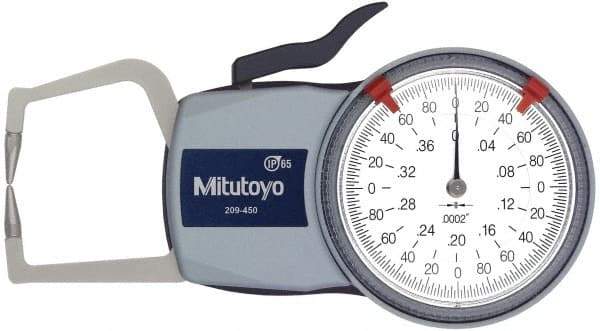 Mitutoyo - 0.4 Inch Max Measurement, 0.0002 Inch Graduation, Outside Dial Caliper Gage - 1.37 Inch Leg Length, 0.0008 Inch Accuracy - Benchmark Tooling