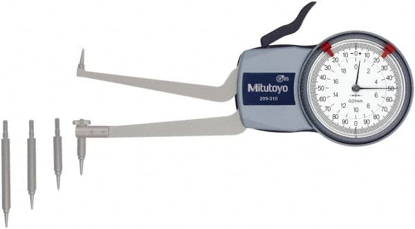 Mitutoyo - 50 to 100mm Inside Dial Caliper Gage - 0.01mm Graduation, 0.03mm Accuracy, 85mm Leg Length, 8.3mm Deep x 1.2mm Wide Groove, Ball Contact Points - Benchmark Tooling