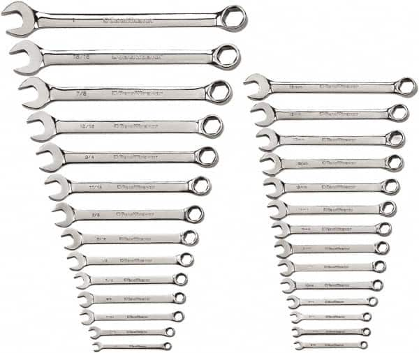 GearWrench - 28 Piece, 1/4" to 1" (6mm to 19mm), 6 Point Combination Wrench Set - Inch/Metric Measurement Standard, Chrome Finish - Benchmark Tooling