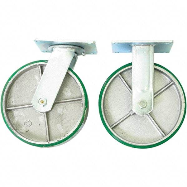Wesco Industrial Products - 8" Diam x 2" Wide x 9-1/2" OAH Top Plate Mount Dual Swivel & Rigid Caster - Mold on Polyurethane, 4,000 Lb Capacity, Sealed Ball Bearing, 5 x 5-1/2" Plate - Benchmark Tooling