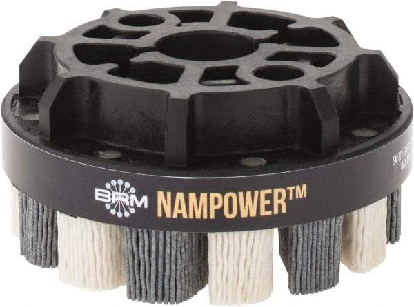 Brush Research Mfg. - 4" 180 Grit Ceramic/Silicon Carbide Tapered Disc Brush - Medium Fine Grade, CNC Adapter Connector, 0.71" Trim Length, 7/8" Arbor Hole - Benchmark Tooling