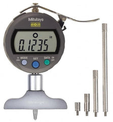 Mitutoyo - 0" to 8" Stainless Steel Electronic Depth Gage - 0.001" Accuracy, 0.01mm Resolution, 2-1/2" Base Length - Benchmark Tooling